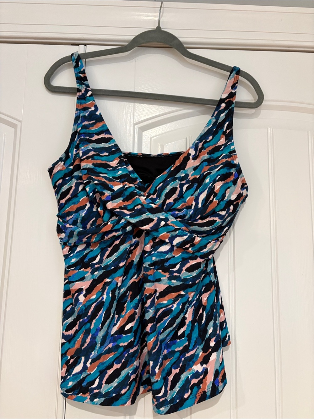 Twist-Front Tankini Top in Teal, Brown & Navy